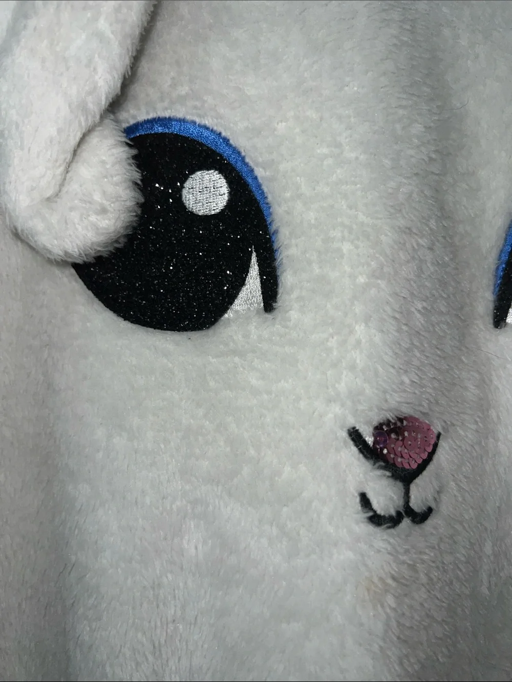 Justice White Plush Bunny Crewneck with Blue Sleeves